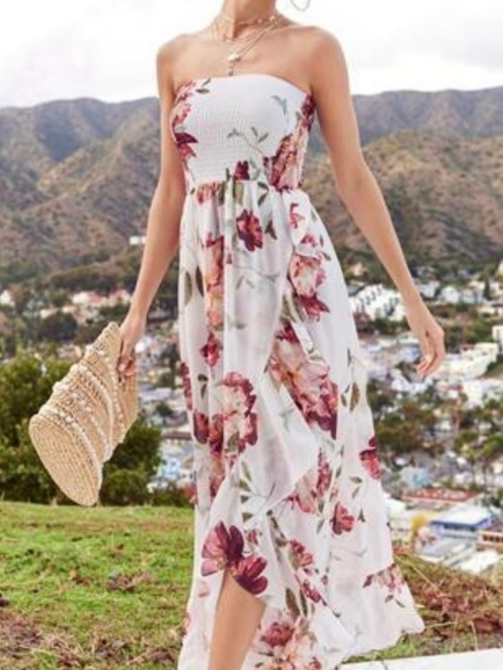 VENUS Strapless White Dress with Pink & Maroon Floral Print Size Medium
